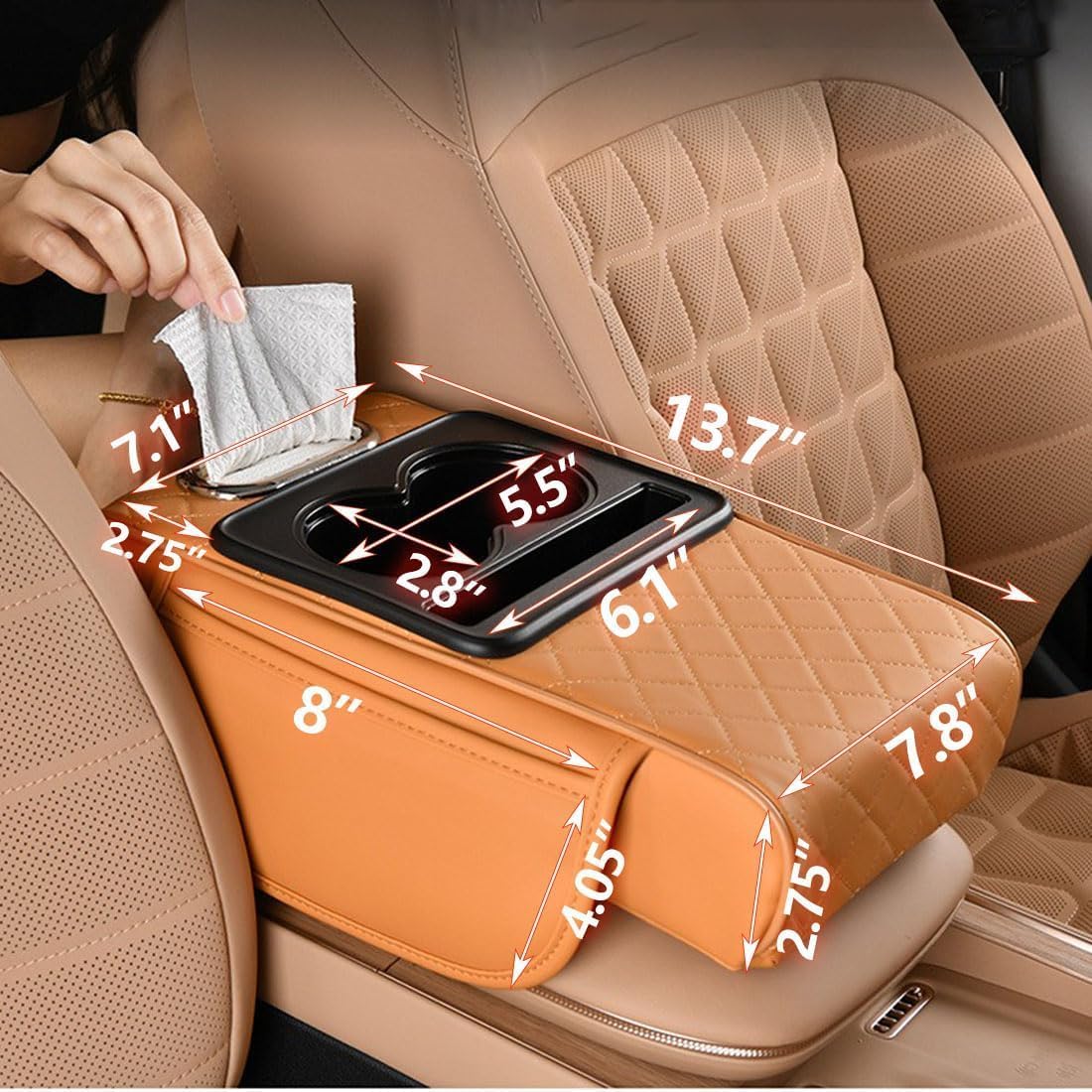🚗5-in-1 car armrest pad with 2 storage pockets | cup holder | tissue box slot | phone slot